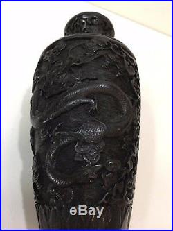 Vintage Chinese Heavy Dragon Carved Black Cinnabar Vase, 9 Tall x 4 1/2 Wide