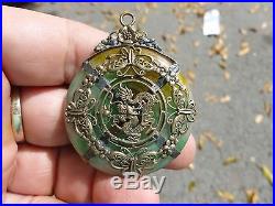 Vintage Chinese Jade Pendant With Dragon Metal Overlay