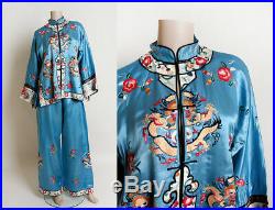 Vintage Chinese Pajamas Sky Blue Silk MONKEY Dragon Floral Embroidered Lounge