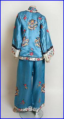 Vintage Chinese Pajamas Sky Blue Silk MONKEY Dragon Floral Embroidered Lounge