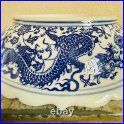 Vintage Chinese Qianlong Blue White Porcelain Dragon Scalloped Bowl