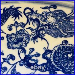 Vintage Chinese Qianlong Blue White Porcelain Dragon Scalloped Bowl
