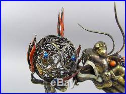 Vintage Chinese Silver Filigree Dragon Figurine Colored Enamel&Cabochons 10x8