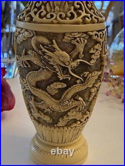 Vintage Chinese White Cinnabar Signed Dragon Vase