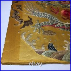 Vintage Chinese Yellow Silk Embroidery Textile Panel Dragon