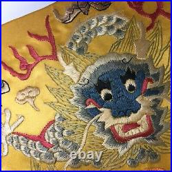 Vintage Chinese Yellow Silk Embroidery Textile Panel Dragon