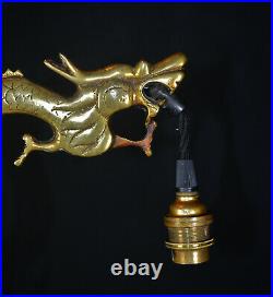 Vintage Edwardian C-1910 brass sculpture Chinese dragon lamp opaline shade