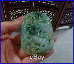 Vintage Fine Natural Type A Icy Jadeite Jade Dragon Phoenix Big Antique Pendant