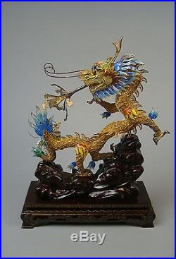Vintage Gold Gilded Sterling Filigree & Enamel Signed Chinese Dragon on Stand