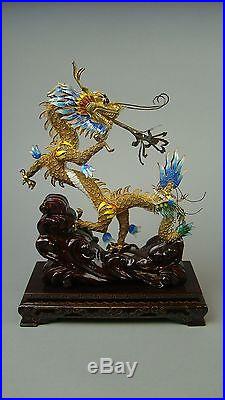 Vintage Gold Gilded Sterling Filigree & Enamel Signed Chinese Dragon on Stand