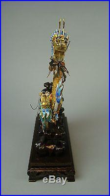 Vintage Gold Gilded Sterling Filigree & Enamel Signed Chinese Dragon on Stand