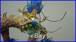 Vintage Gold Gilded Sterling Filigree & Enamel Signed Chinese Dragon on Stand