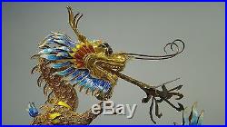 Vintage Gold Gilded Sterling Filigree & Enamel Signed Chinese Dragon on Stand