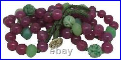 Vintage Long Carved Chinese Dragon Jade & Pink Glass Bead Prayer Necklace 40