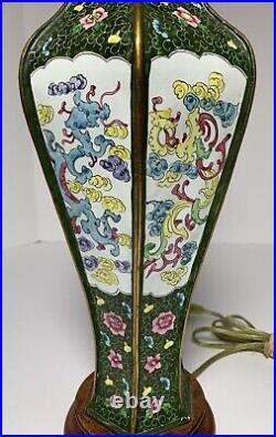 Vintage NEAR PAIR CHINESE CANTON ENAMEL Vases LAMPS DRAGONS PHOENIX BIRDS 29H