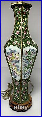 Vintage NEAR PAIR CHINESE CANTON ENAMEL Vases LAMPS DRAGONS PHOENIX BIRDS 29H