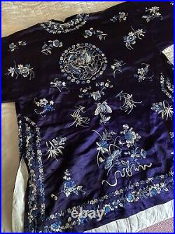 Vintage Navy Blue Embroidered Chinese Silk Robe Butterflies Dragons