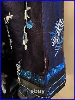 Vintage Navy Blue Embroidered Chinese Silk Robe Butterflies Dragons