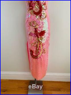 Vintage Qipao Cheongsam Chinese Dress SEQUINS Beaded Pink DRAGON Phoenix XS S