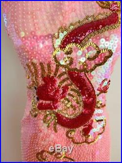 Vintage Qipao Cheongsam Chinese Dress SEQUINS Beaded Pink DRAGON Phoenix XS S