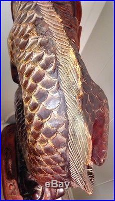 Vintage Rosewood Hand Carved Double Chinese Water Dragons Wood Statue 36.5 Tall