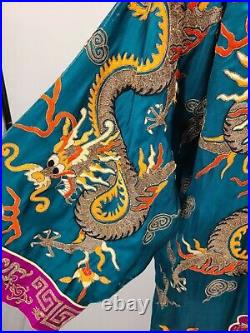 Vintage SIlk Chinese Dragon Robe Turquoise Magenta Embroidered NEEDS REPAIR