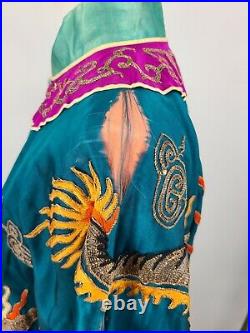 Vintage SIlk Chinese Dragon Robe Turquoise Magenta Embroidered NEEDS REPAIR