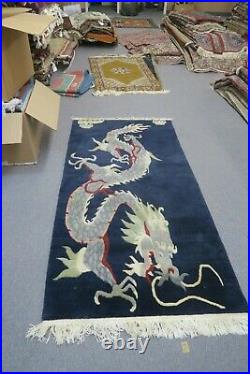 Vintage Tibetan Dragon Blue Rug Carpet Chinese Art Deco Hand Knotted Wool 3'x6