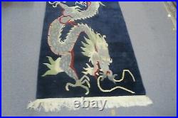 Vintage Tibetan Dragon Blue Rug Carpet Chinese Art Deco Hand Knotted Wool 3'x6