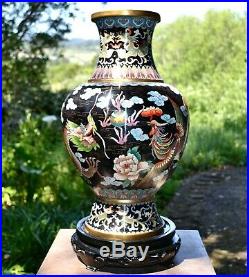 Vntg/Antique Chinese Enamel Cloisonne Large 17.5 On Base Dragon Phoenix Vase