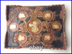Vtg 8pc Hand Carved Dragon Chinese Lacquered Stone Tea Set & Tray With MOP Inlay
