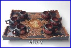 Vtg 8pc Hand Carved Dragon Chinese Lacquered Stone Tea Set & Tray With MOP Inlay