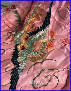 Vtg Antique Asian Embroidered Silk Huge Cloth Robe Fringe Dragon Famile Rose