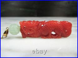 Vtg Chinese Red Jadeite Jade Dragon Aquamarine Shou Pendant Necklace 14 18k Gold