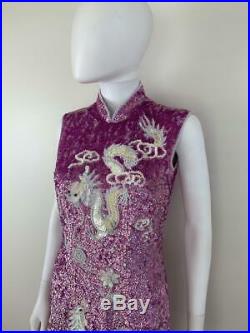 Vtg Qipao Cheongsam Chinese Dress SEQUINS Beaded Lavender DRAGON Phoenix S M