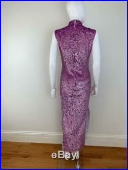 Vtg Qipao Cheongsam Chinese Dress SEQUINS Beaded Lavender DRAGON Phoenix S M