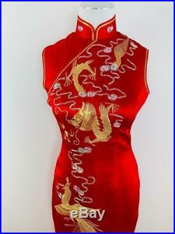 Vtg Red Silk Qipao Cheongsam Chinese Dress Gold Embroidered Dragon Phoenix S