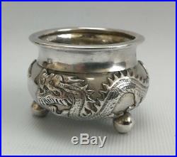 Vtg c1900 Wang Hing Chinese Export Solid Silver Dragon Open Salt Cellar & Liners