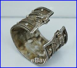 WIDE Chinese Export Sterling Dragon Cuff Bangle Bracelet Silver Antique Vintage