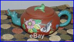 WINDERFUL ANTIQUE Teapot CHINESE Pottery YIXING Enamel DRAGON SPOUT Marked