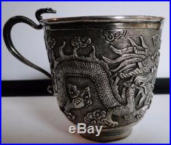 WONDERFUL ANTIQUE SET CHINESE EXPORT SILVER 6 CUPS & SAUCERS DRAGON DECOR 1880