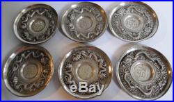 WONDERFUL ANTIQUE SET CHINESE EXPORT SILVER 6 CUPS & SAUCERS DRAGON DECOR 1880