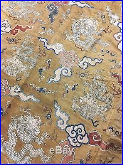 Wonderful Large Antique Chinese Silk Textile Panel With Dragons On Yellow Ground