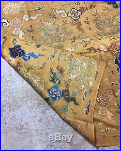 Wonderful Large Antique Chinese Silk Textile Panel With Dragons On Yellow Ground