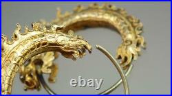 WOW Antique Chinese Ming Dynasty 22K Gold Dragon Fish Hoop Wire Earrings Signed