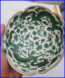 Wonderful Antiques Set of 3 Chinese Porcelain Dish and bowl With Green Dragons