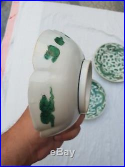 Wonderful Antiques Set of 3 Chinese Porcelain Dish and bowl With Green Dragons