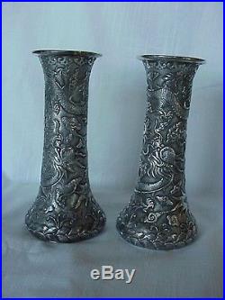 Wonderful Pair Antique Chinese Export Silver Dragon Vases