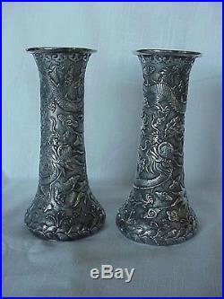 Wonderful Pair Antique Chinese Export Silver Dragon Vases