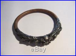 Xfine Antique Chinese Sterling & Bamboo Double Dragon Bangle Bracelet-nice Pc! N